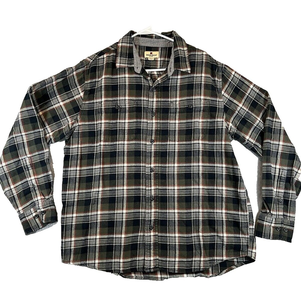 Woolrich Flannel Shirt Green Plaid Long Sleeve Mens XL 100%‎ Cotton Button-Up